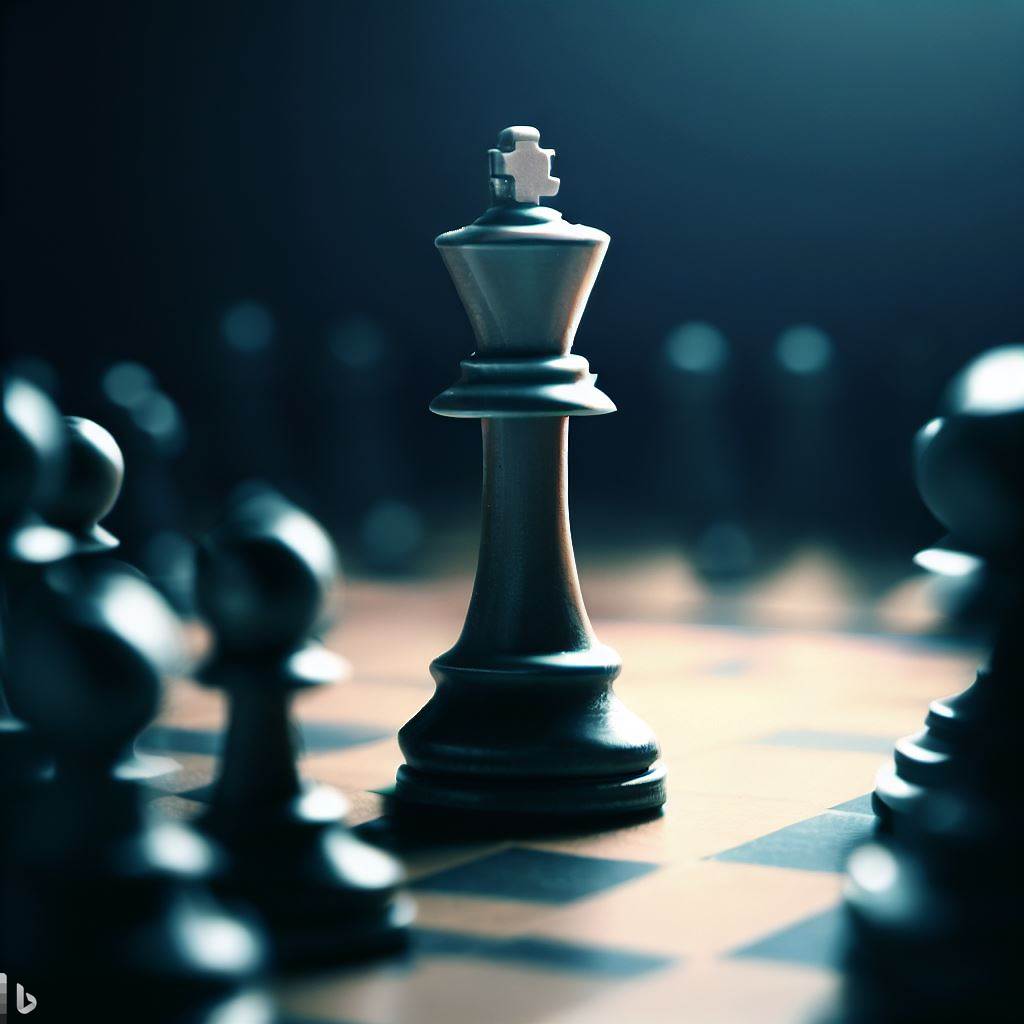 un rey de ajedrez enmedio de un tablero con piezas