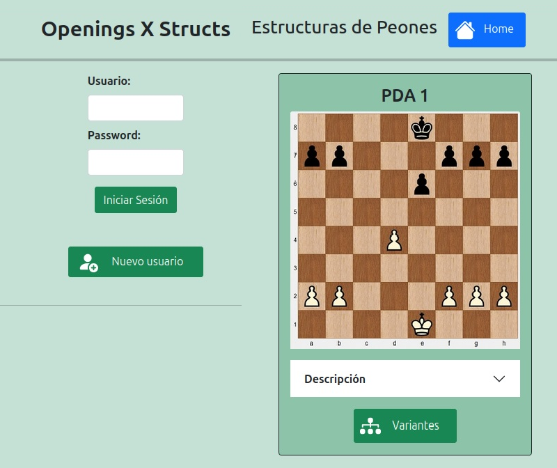 el login de la app de ajedrez OpeningXStructs y una imagen de un tablero de ajedrez con una posicion de apertura